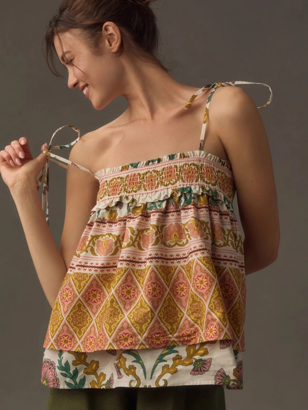 Anthropologie Tiered Babydoll Top Tank Tassel Tie Festival Boho Floral‎ size L